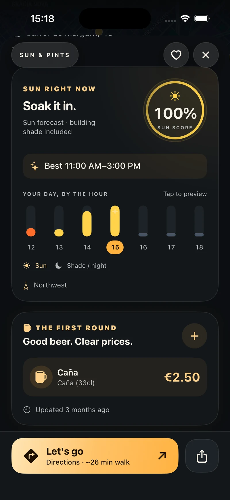 Hourly terrace sun forecast, a sun score and a 33cl caña price in the Sun & Pints app