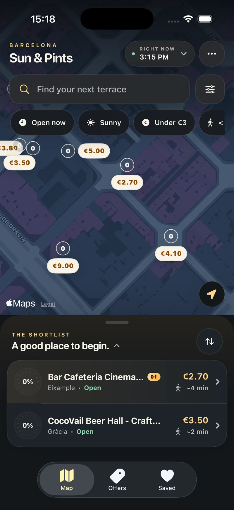 Find sunny Barcelona terraces on the Sun & Pints map, with beer prices and nearby spots