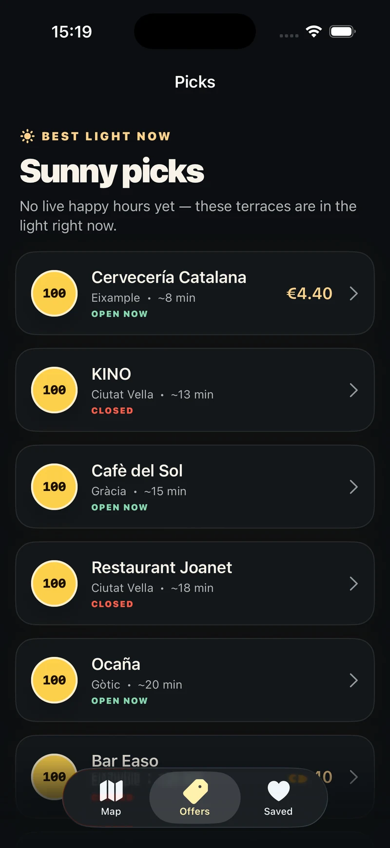 Sunny picks in Barcelona with sun scores, neighborhoods, walking times and opening status