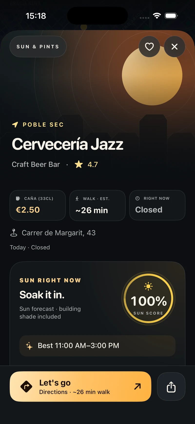 Sun & Pints venue screen showing terrace details, walking time and estimated sunshine