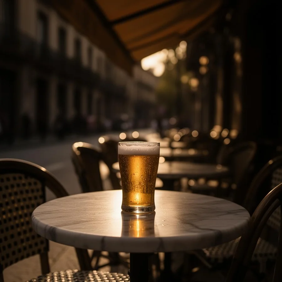 A golden beer catching the afternoon light on an outdoor terrace table